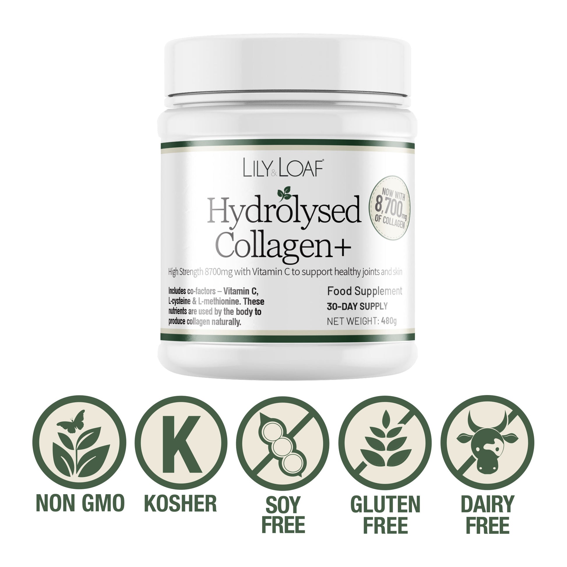 Lily & Loaf Hydrolysed Collagen+ supplement tub with Non-GMO, Kosher, soy free, gluten free and dairy free icons.