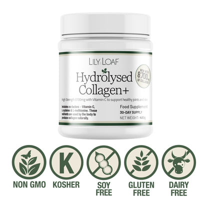 Lily & Loaf Hydrolysed Collagen+ supplement tub with Non-GMO, Kosher, soy free, gluten free and dairy free icons.