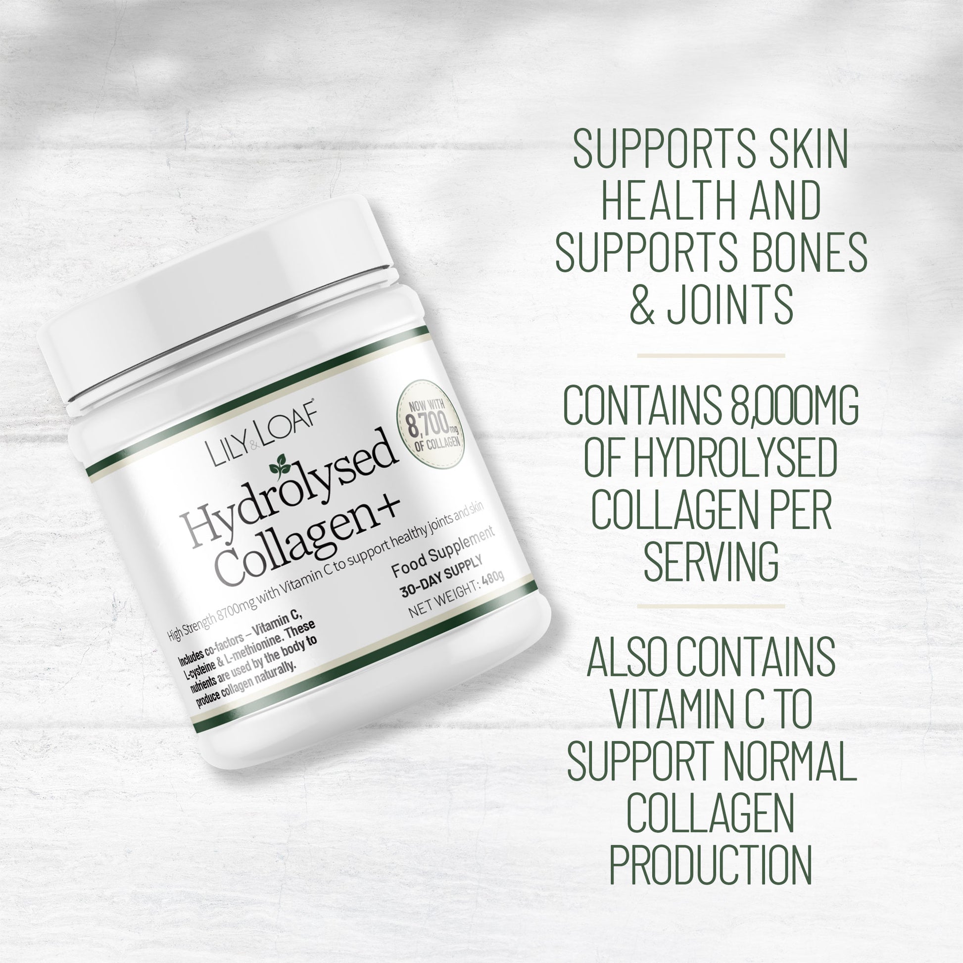 Lily & Loaf Hydrolysed Collagen+ supplement tub highlighting 8,000mg collagen per serving with vitamin C for skin, bones and joints support.