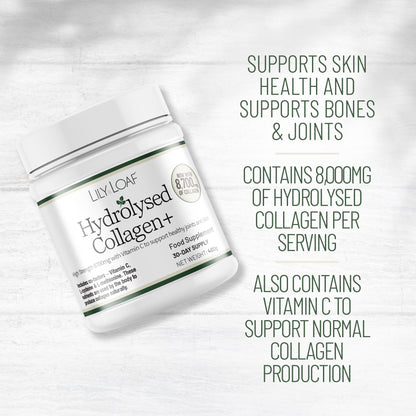 Lily & Loaf Hydrolysed Collagen+ supplement tub highlighting 8,000mg collagen per serving with vitamin C for skin, bones and joints support.