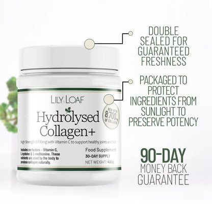 Lily & Loaf Hydrolysed Collagen+ tub showing double-sealed packaging, sunlight-protective design and 90-day money-back guarantee.
