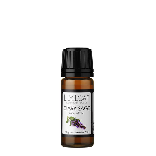  Lily & Loaf Organic Clary Sage Essential Oil bottle, featuring Salvia sclarea for its soothing and balancing properties.