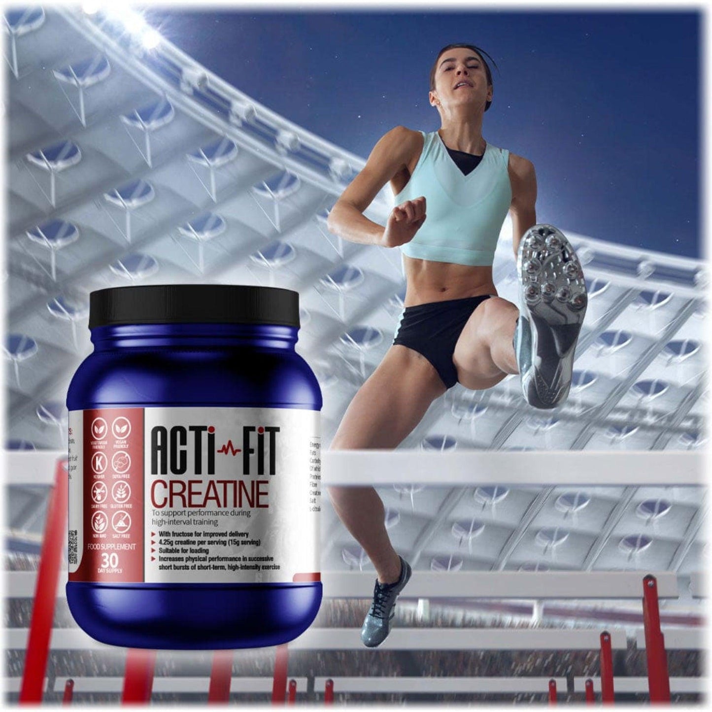 Acti-Fit's Creatine with woman competing in hurdles 