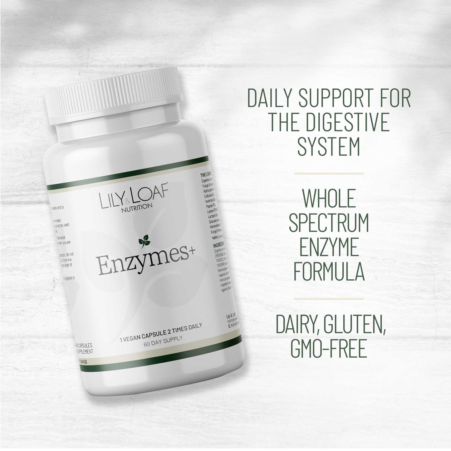 Lily & Loaf Enzymes+ supplement bottle highlighting daily digestive support, whole spectrum enzyme formula, and dairy, gluten and GMO-free.