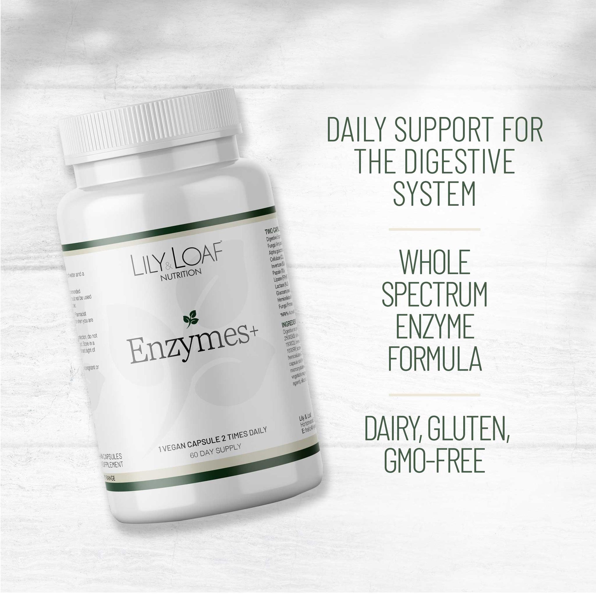 Lily & Loaf Enzymes+ supplement bottle highlighting daily digestive support, whole spectrum enzyme formula, and dairy, gluten and GMO-free.
