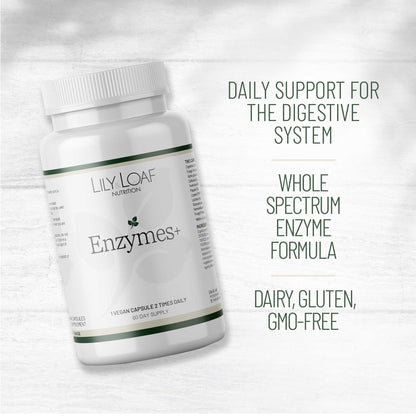 Lily & Loaf Enzymes+ supplement bottle highlighting daily digestive support, whole spectrum enzyme formula, and dairy, gluten and GMO-free.