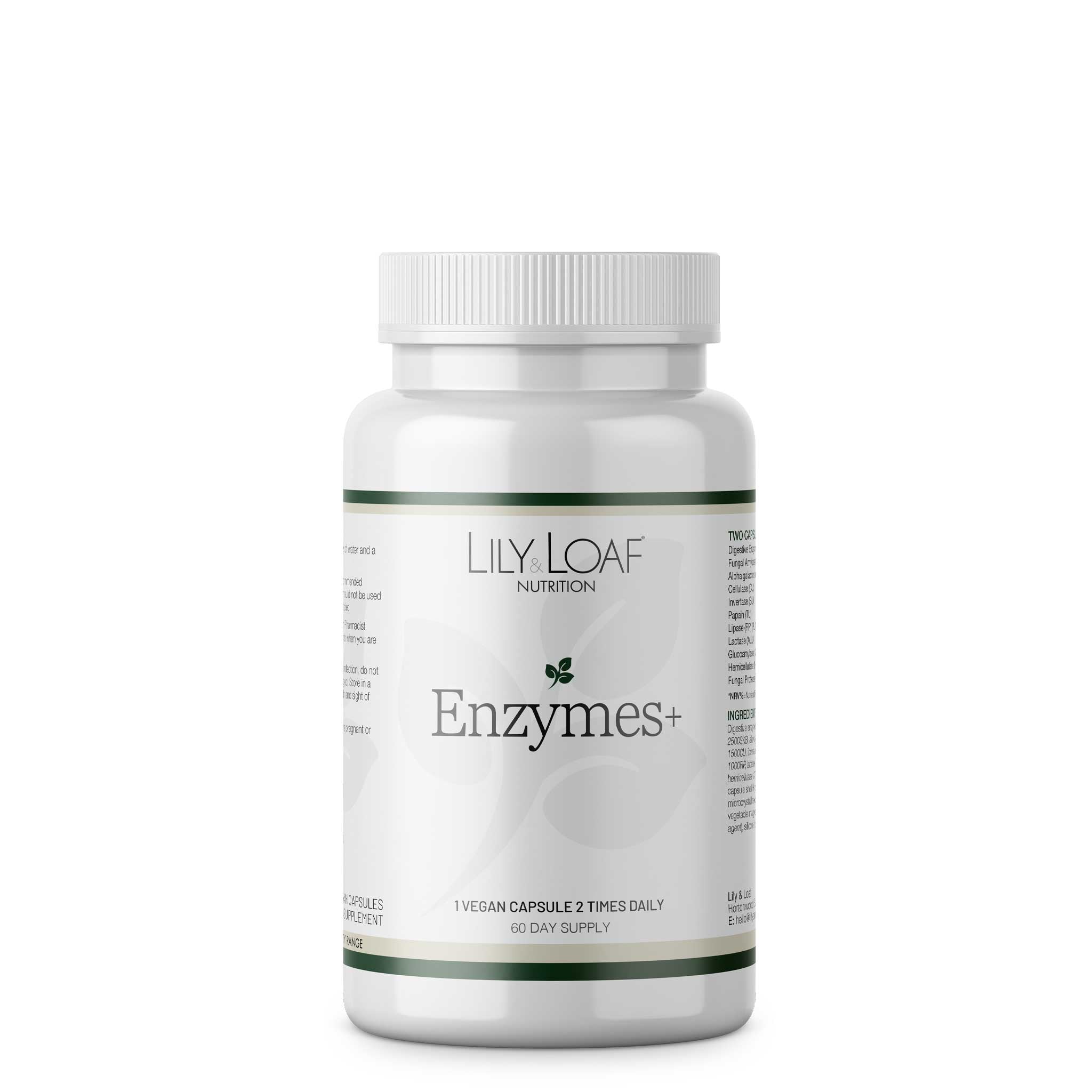 Lily & Loaf Enzymes+ vegan supplement bottle, front view, digestive enzyme formula in white container on a clean background.