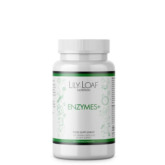 A white bottle of Lily & Loaf  Enzymes + Capsules