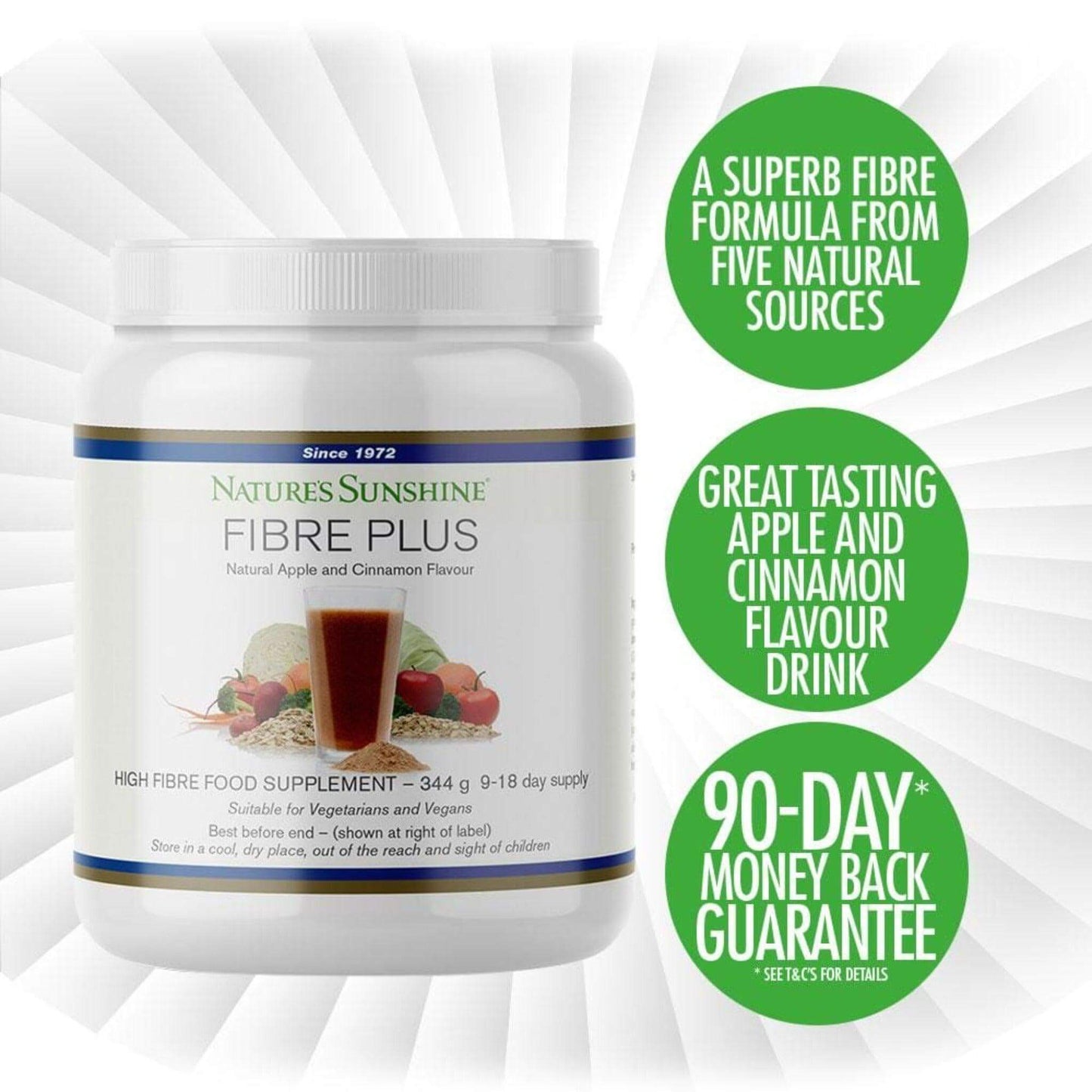 Nature’s Sunshine Fibre Plus high fibre supplement tub with apple and cinnamon flavour highlights and 90 day money back guarantee.