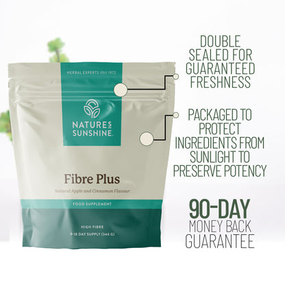Natures Sunshine Fibre Plus pouch highlighting freshness seal, ingredient protection and 90-day money back guarantee