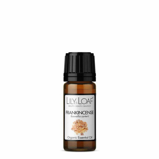 Lily & Loaf Organic Frankincense Essential Oil bottle, featuring Boswellia carterii for its calming and rejuvenating properties.