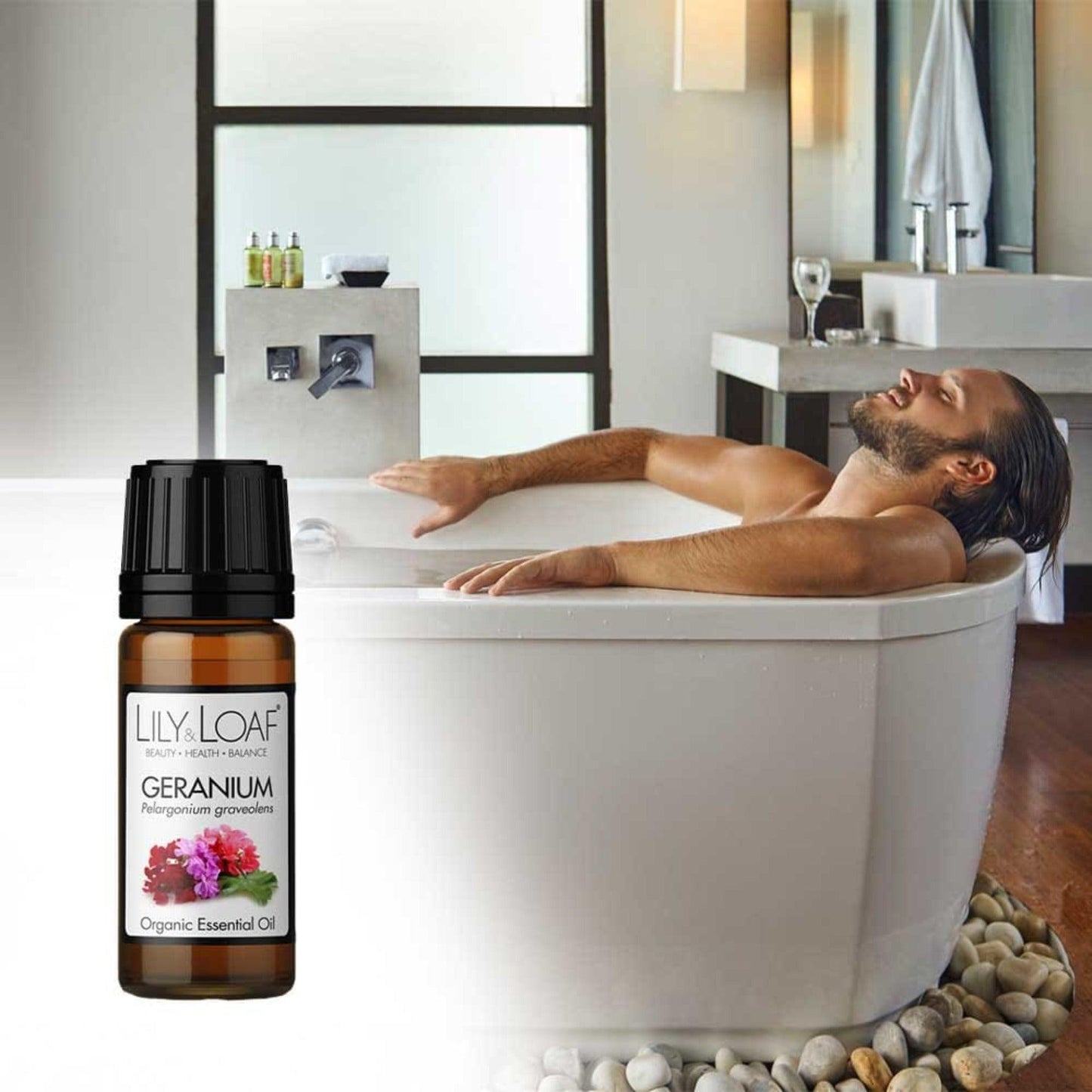 Geranium Organic Essential Oil male relaxing in bath