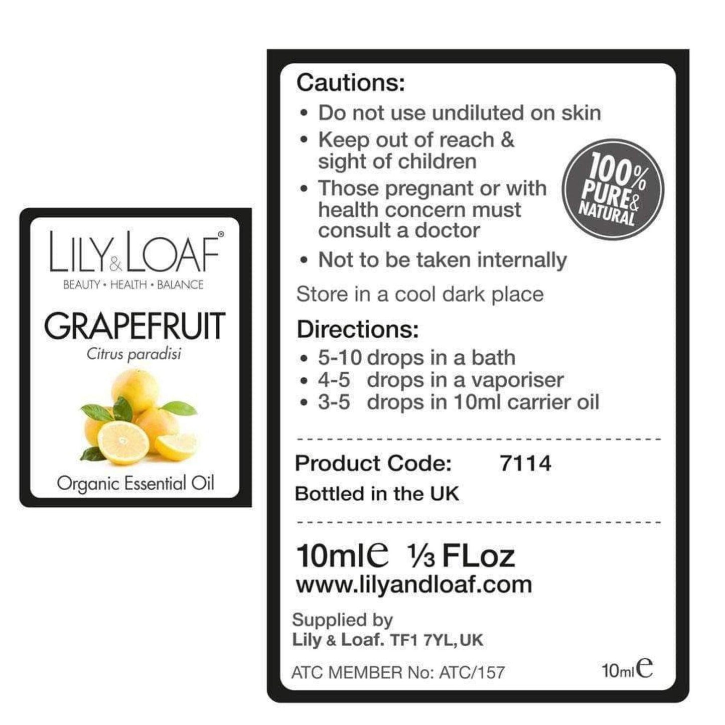 Grapefruit 10ml Organic Essential Oil label information