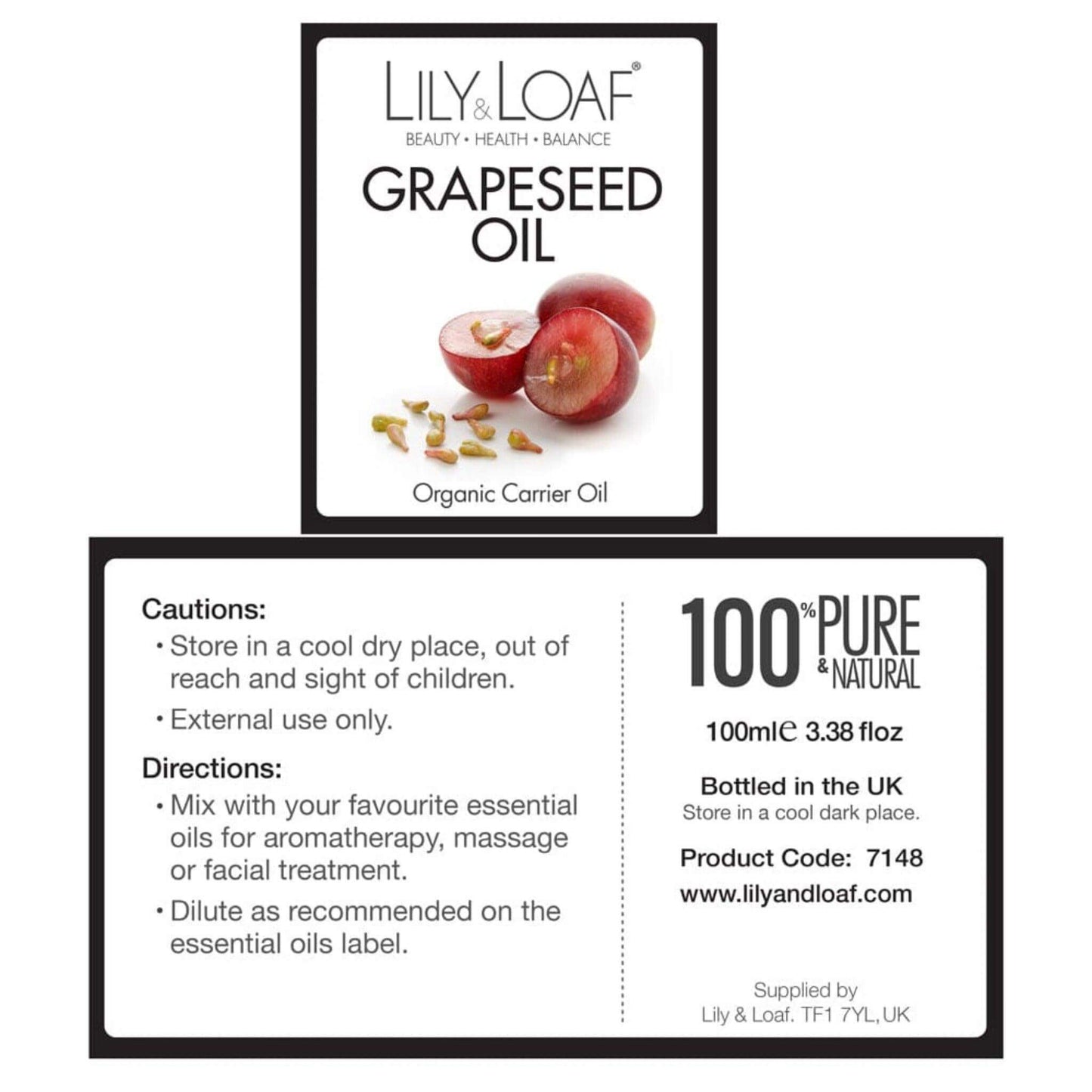 Grapeseed Organic Carrier Oil 100ml label information