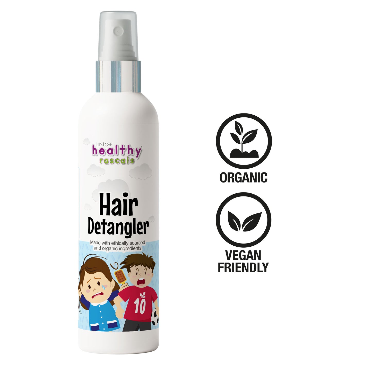 Healthy Rascals Hair Detangler spray for children, with illustrated label and icons showing organic ingredients and vegan-friendly formula.