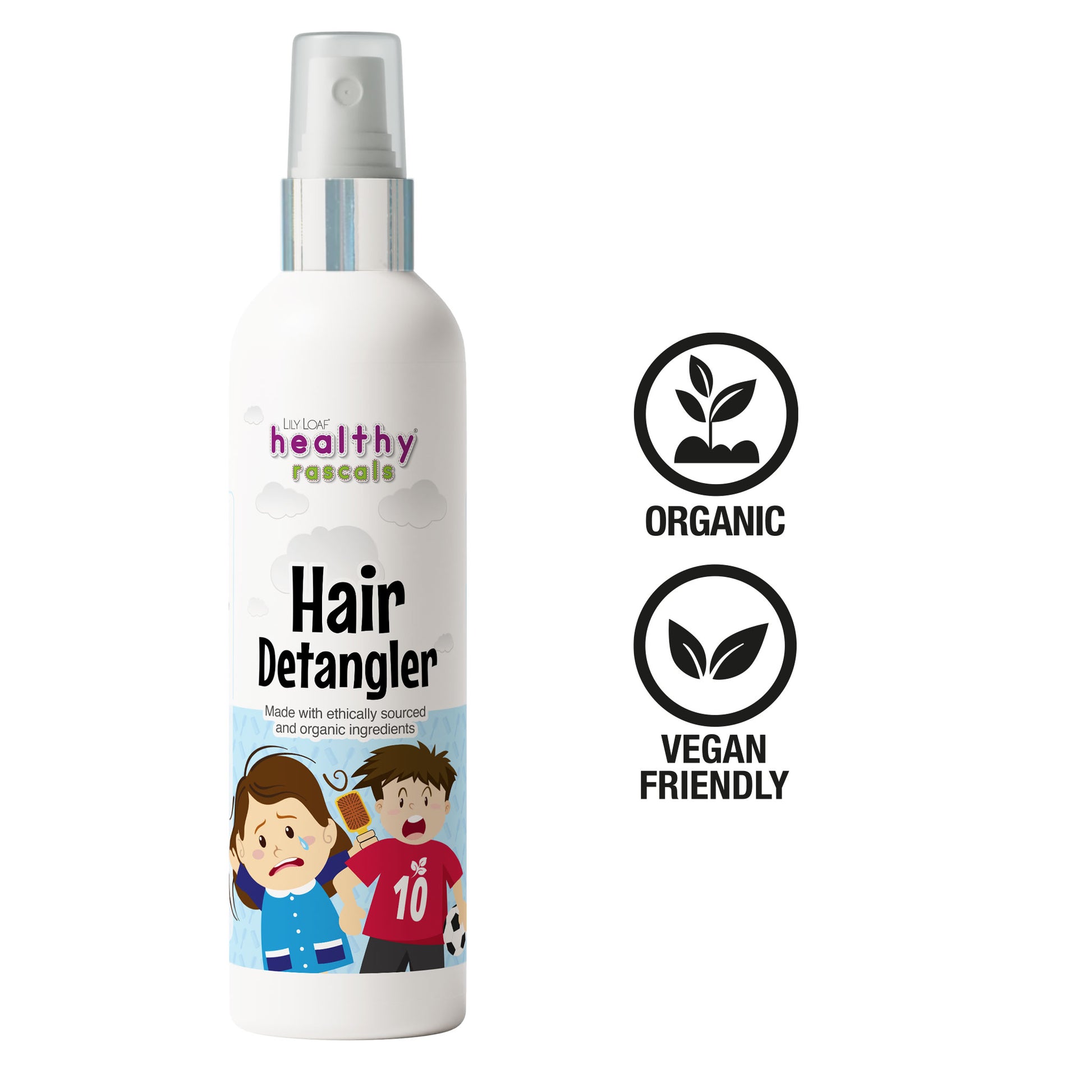 Healthy Rascals Hair Detangler spray for children, with illustrated label and icons showing organic ingredients and vegan-friendly formula.