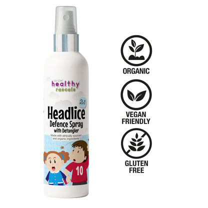 Healthy Rascals Headlice Defence Spray with Detangler, child-friendly illustrated bottle, organic, vegan friendly and gluten free.