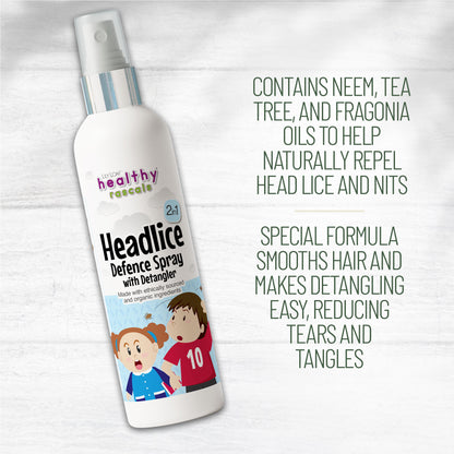 Healthy Rascals Headlice Defence Spray with Detangler, showing neem, tea tree and fragonia oils, designed to repel lice and ease detangling.
