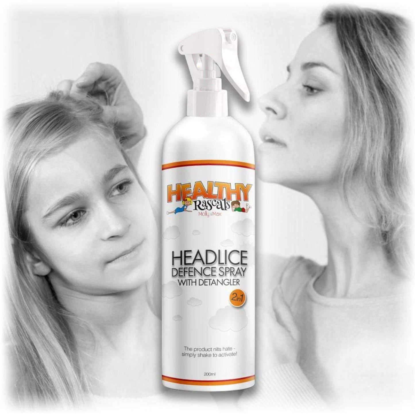 A black and white image of a woman inspecting her daughter's hair for nits with a bottle of Healthy Rascals Headlice Defence Spray & Detangler in the foreground