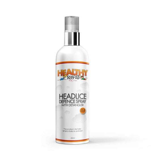 Healthy Rascals Headlice Defence Spray with detangler 200ml, natural protection in white bottle.