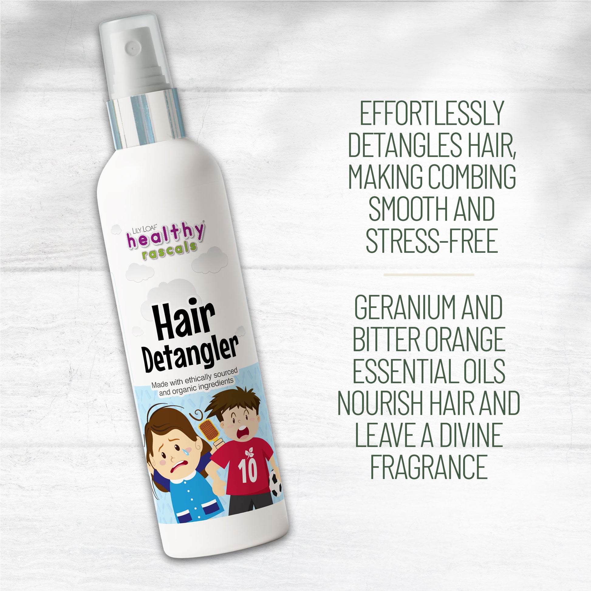Healthy Rascals Hair Detangler spray with child-friendly label, promoting easy detangling and scented with geranium and bitter orange oils.