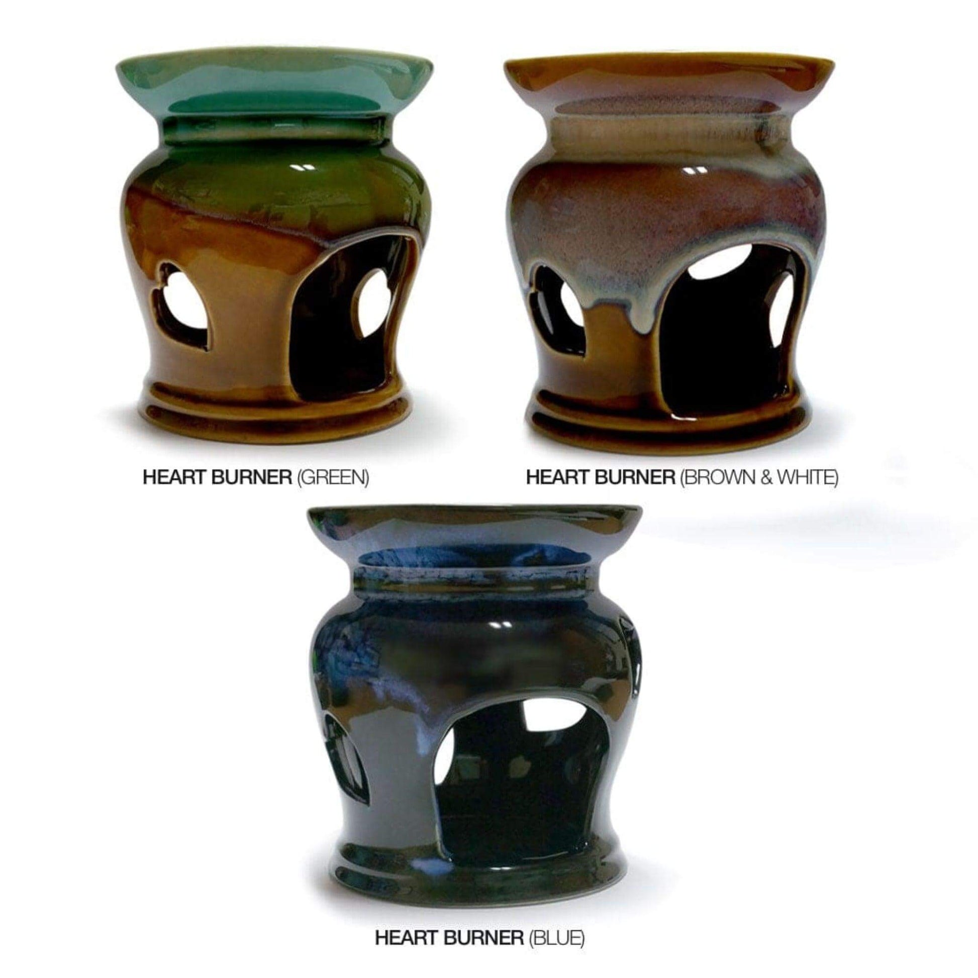 A trio of Garden of Flora Heart Burners, available in three colours - green, blue and brown and white