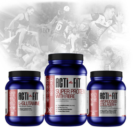 Three products in the Acti-Fit High-Impact Activity Bundle - L-Glutamine, Super Protein with Fibre and Hydrolysed Collagen