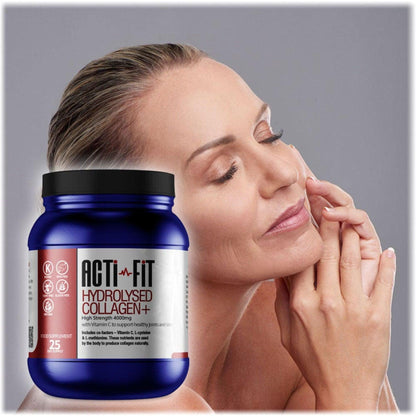 A woman smiling holding her face with a tub of Acti-Fit Hydrolysed Collagen 4000mg High Strength in the foreground