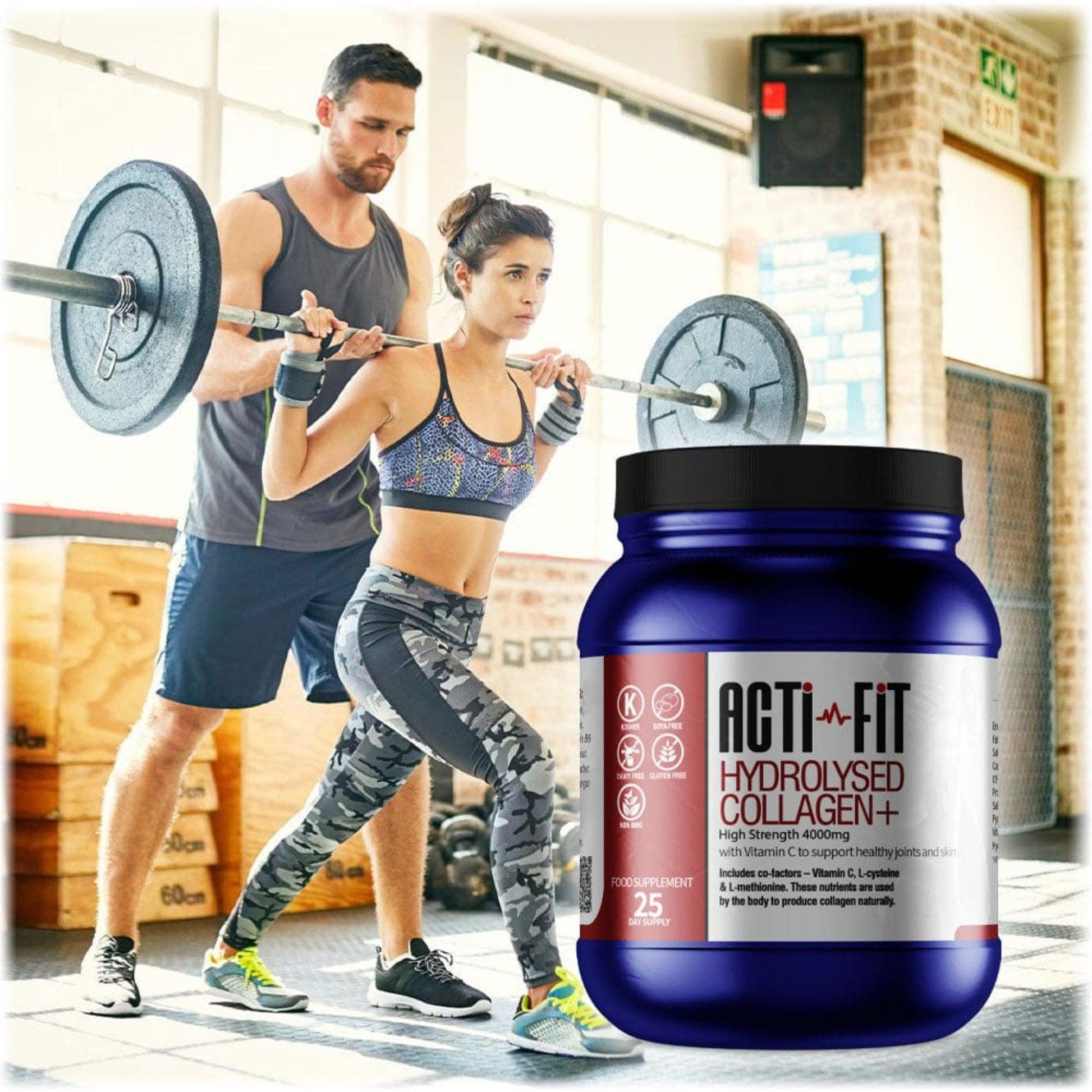 A man and woman working out with a weight bar at the gym with a tub of Acti-Fit Hydrolysed Collagen 4000mg High Strength in the foreground
