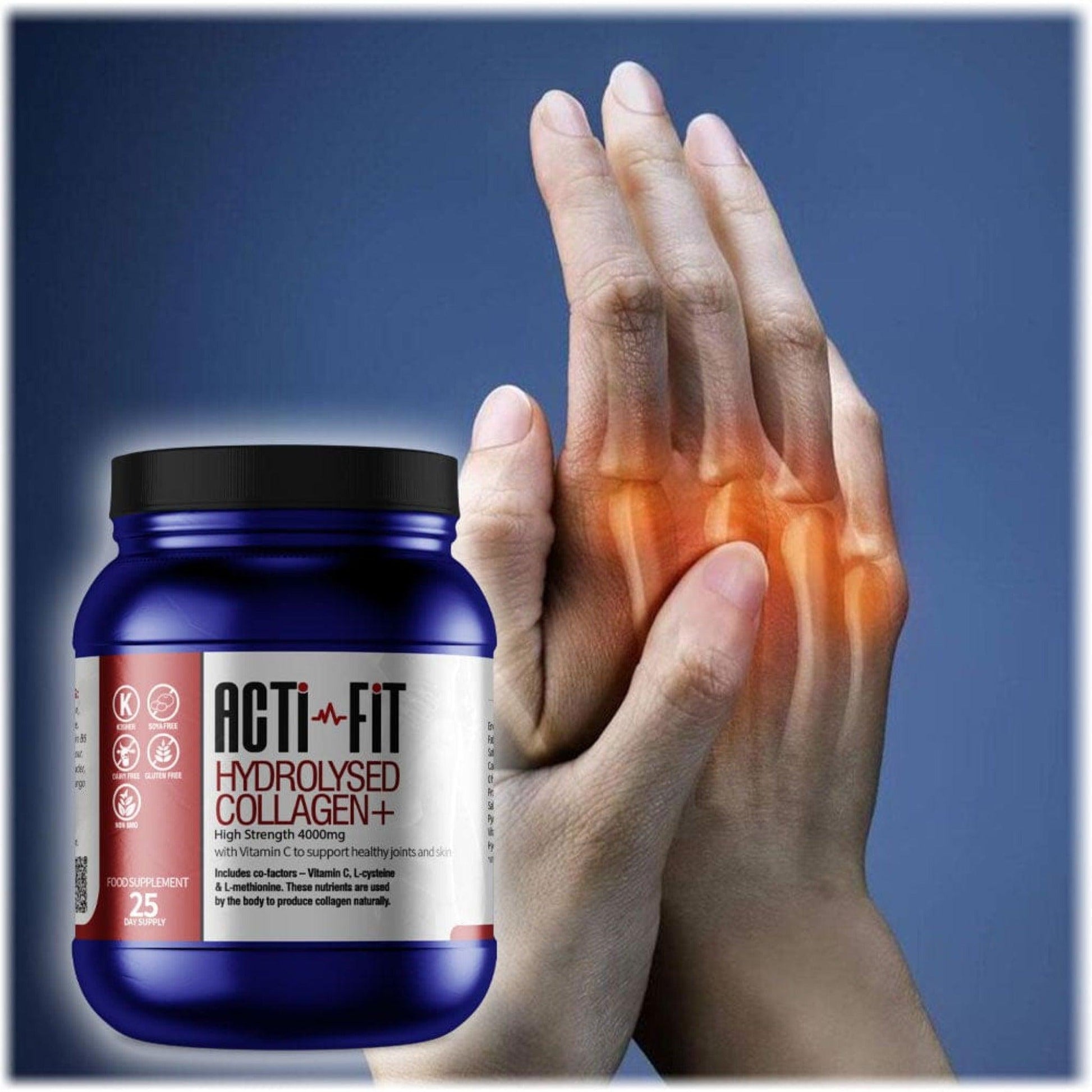 A woman holding the joints in her hand with a tub of Acti-Fit Hydrolysed Collagen 4000mg High Strength in the foreground