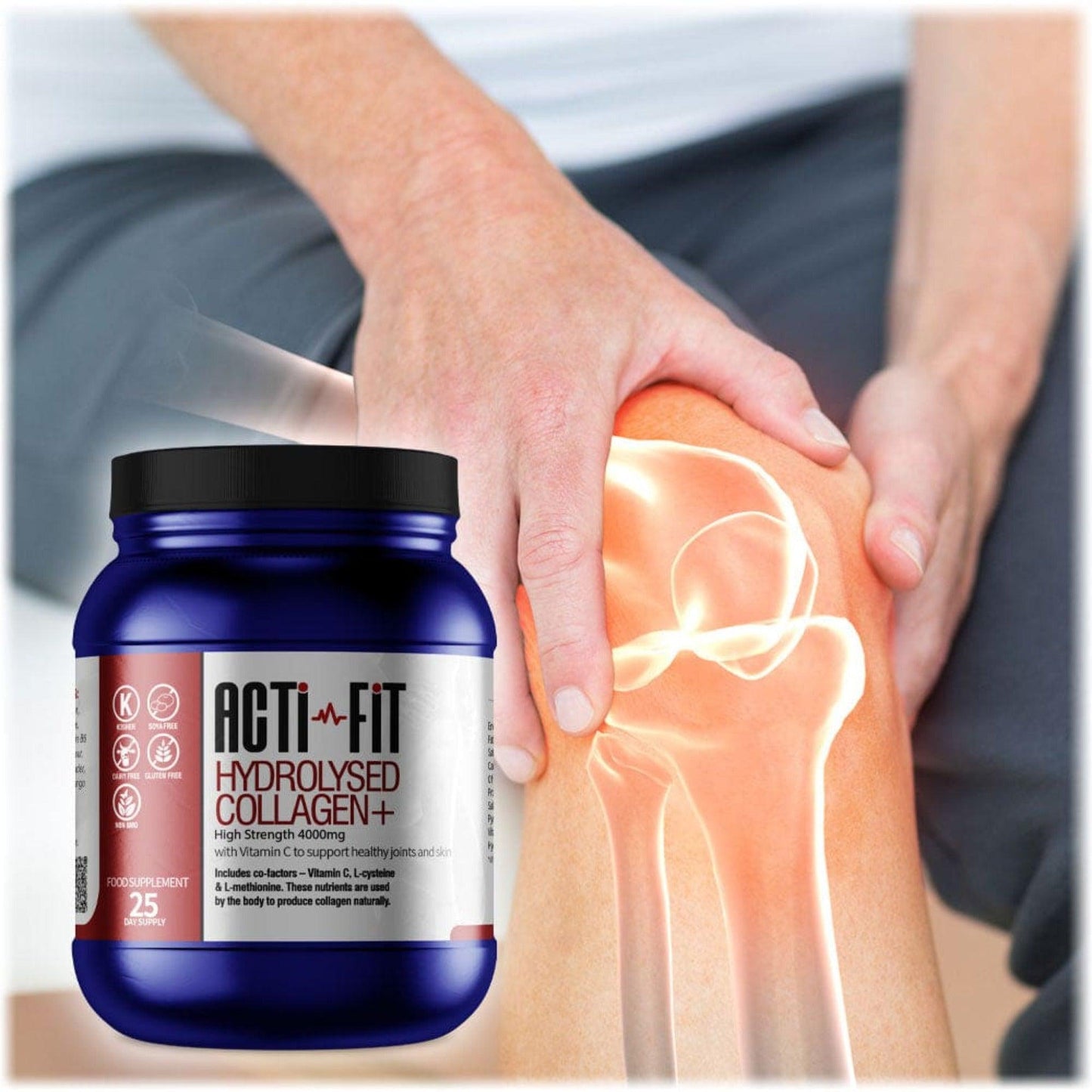 A man holding his knee joint with a tub of Acti-Fit Hydrolysed Collagen 4000mg High Strength in the foreground