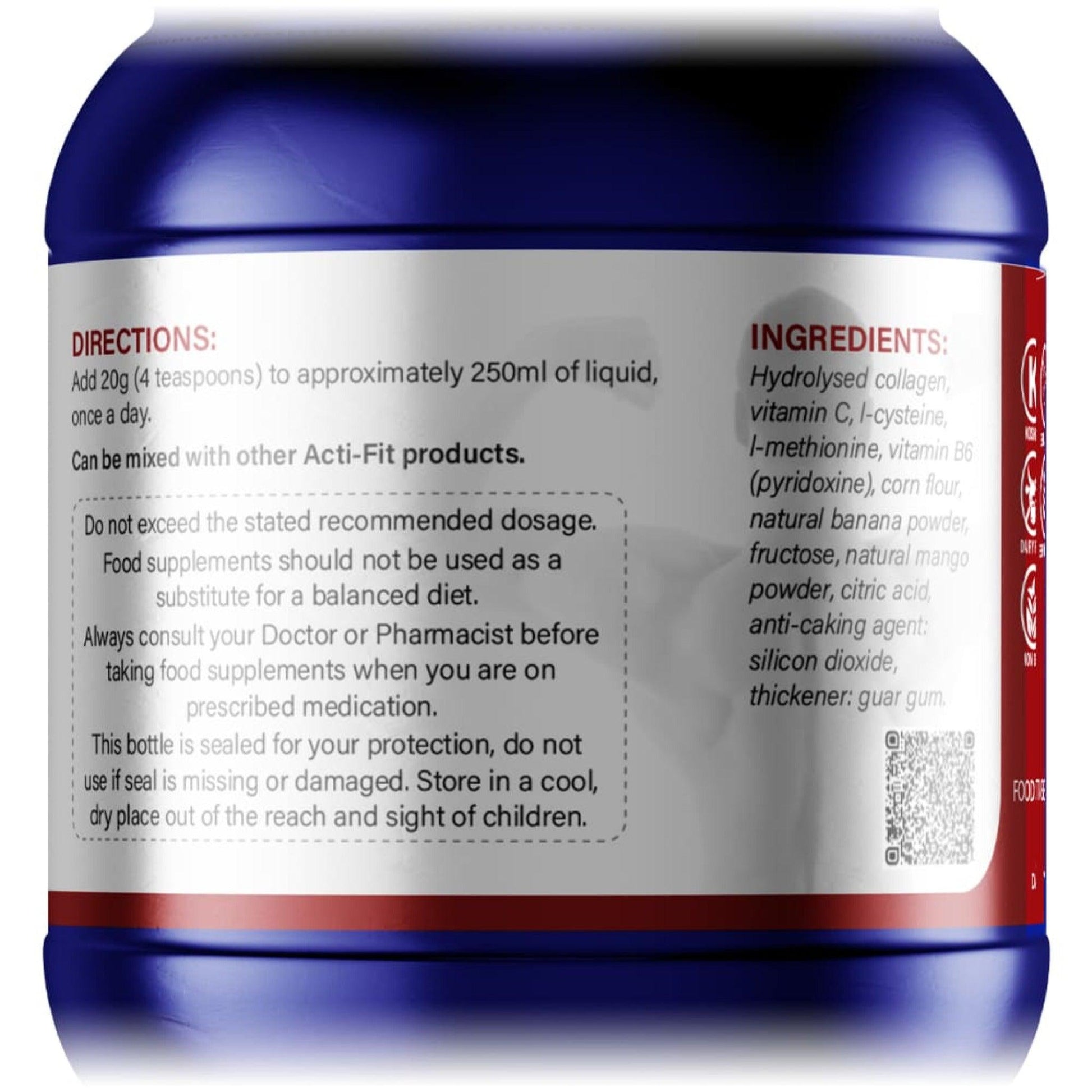 Acti-Fit Hydrolysed Collagen 4000mg High Strength label highlighting ingredients and directions for use.