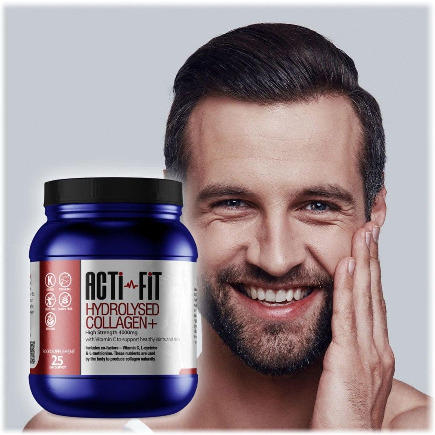 A man smiling holding his face with a tub of Acti-Fit Hydrolysed Collagen 4000mg High Strength in the foreground