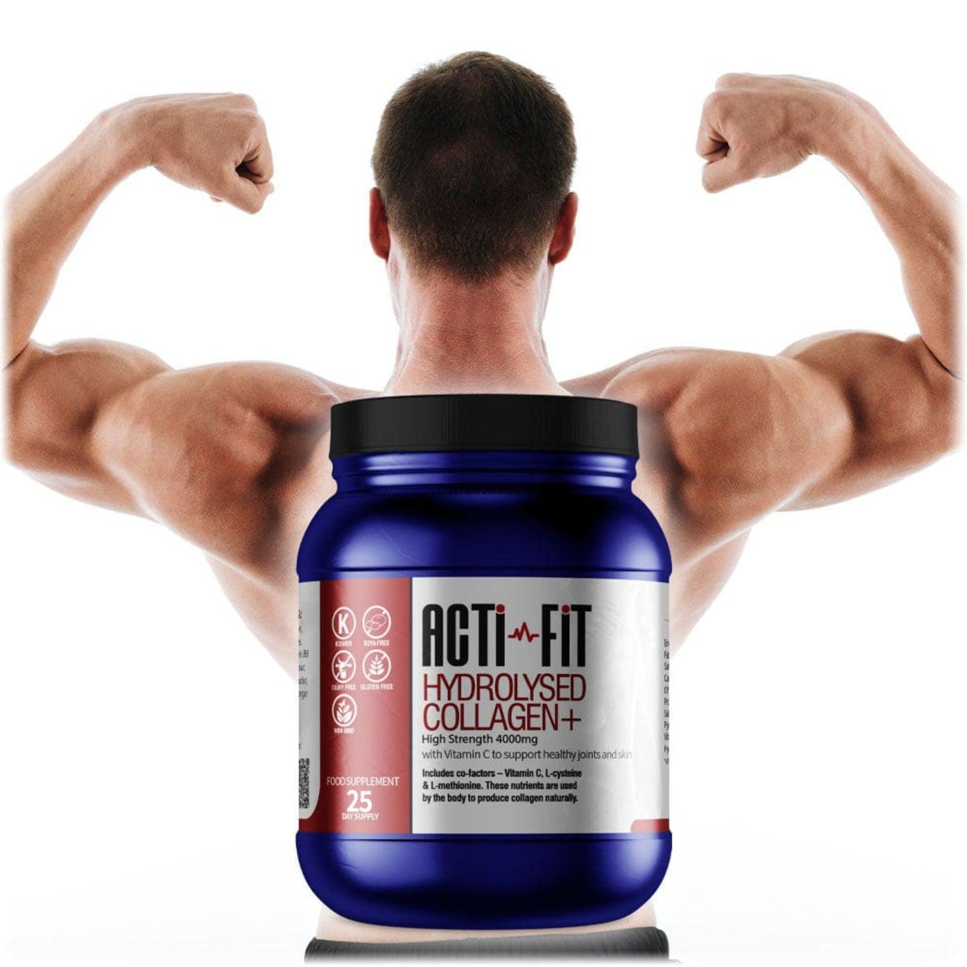 A man flexing his biceps and back muscles with a tub of Acti-Fit Hydrolysed Collagen 4000mg High Strength in the foreground