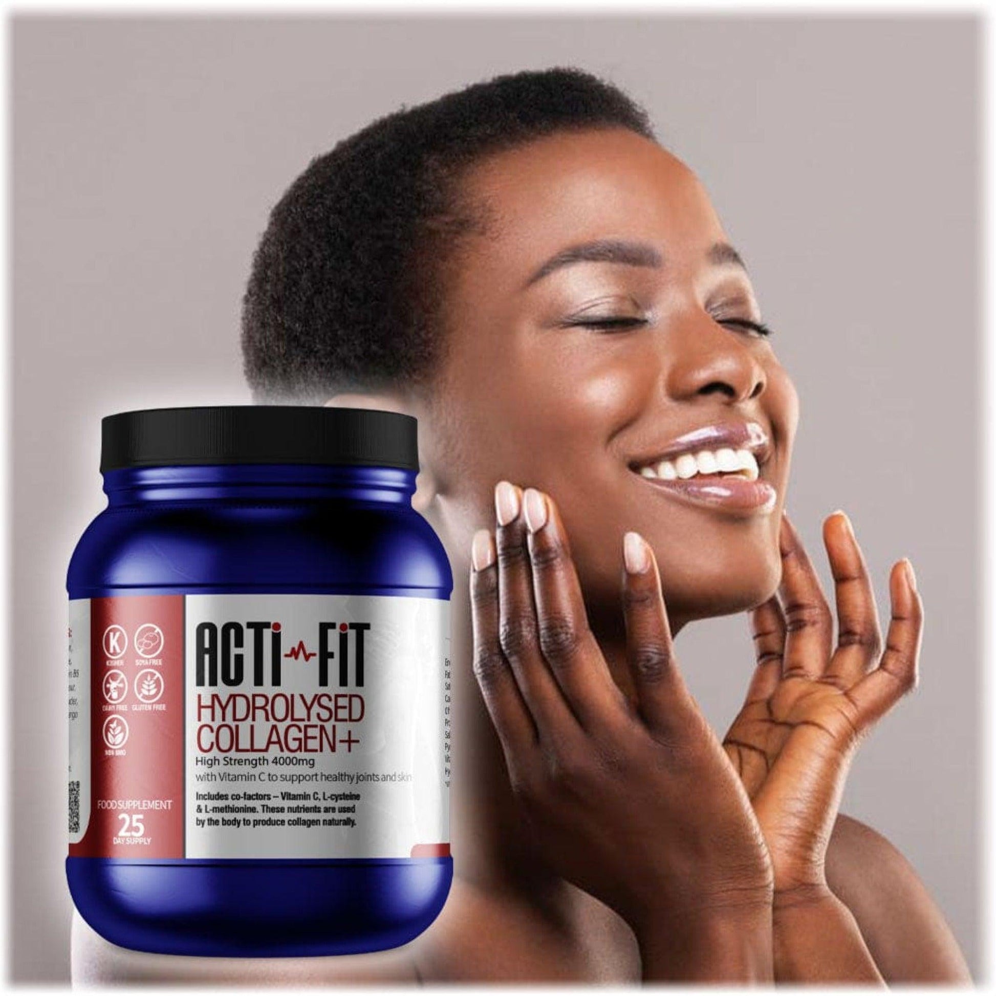 A woman holding her face with a tub of Acti-Fit Hydrolysed Collagen 4000mg in the foreground