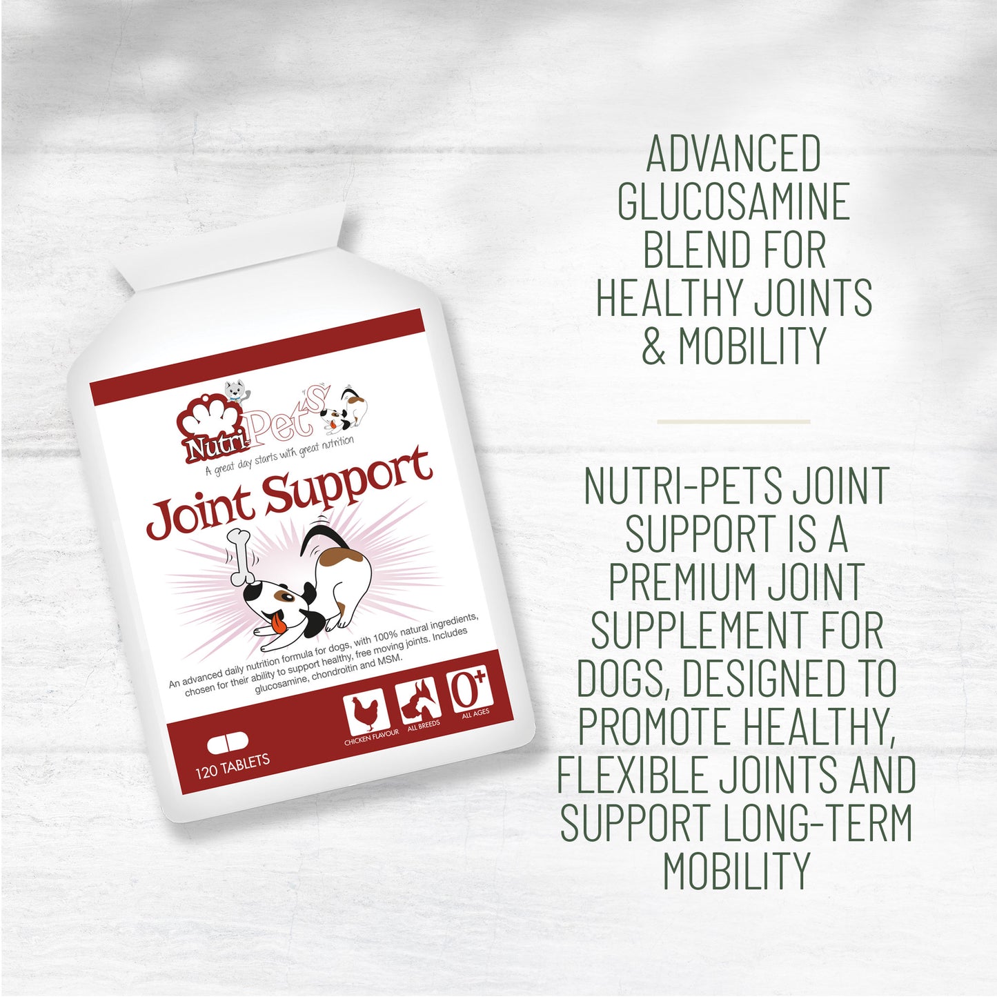 Nutri-Pets Joint Support supplement for dogs, showing advanced glucosamine blend to support healthy joints and mobility