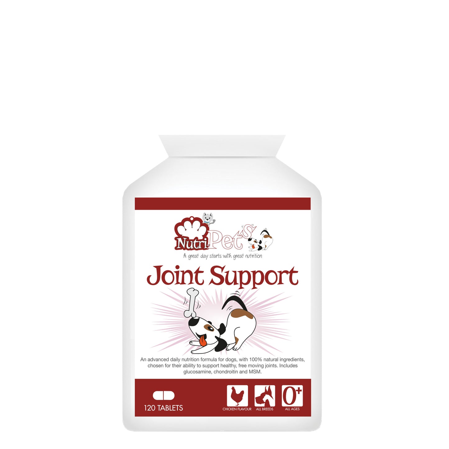 A bottle of Nutri-Pets Joint Support supplements for dogs, 120 tablets, chicken flavour.