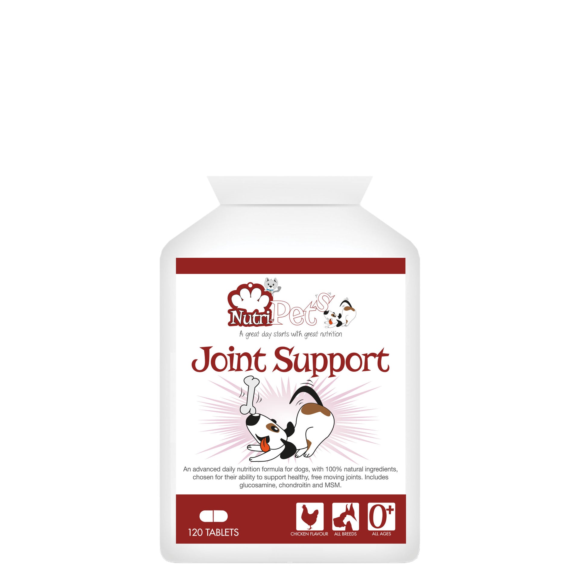 A bottle of Nutri-Pets Joint Support supplements for dogs, 120 tablets, chicken flavour.