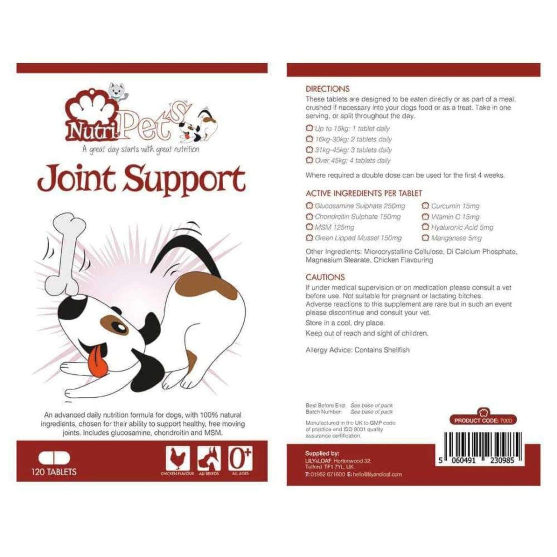 Nutri-Pets Joint Support label highlighting the ingredients, nutritional information and directions for use