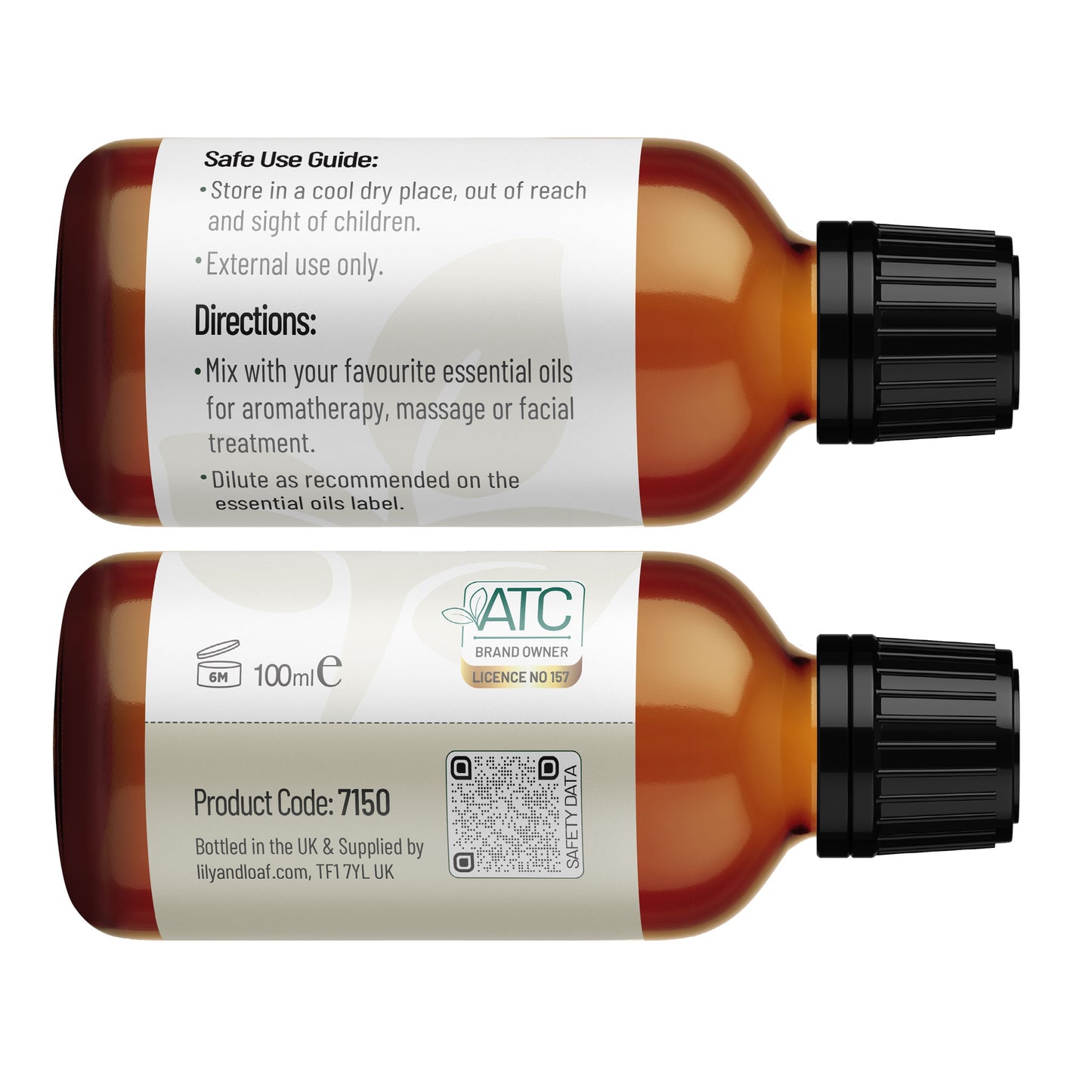 Lily & Loaf organic jojoba carrier oil label showing directions, safety guidance, QR code and 100ml bottle details on white background.