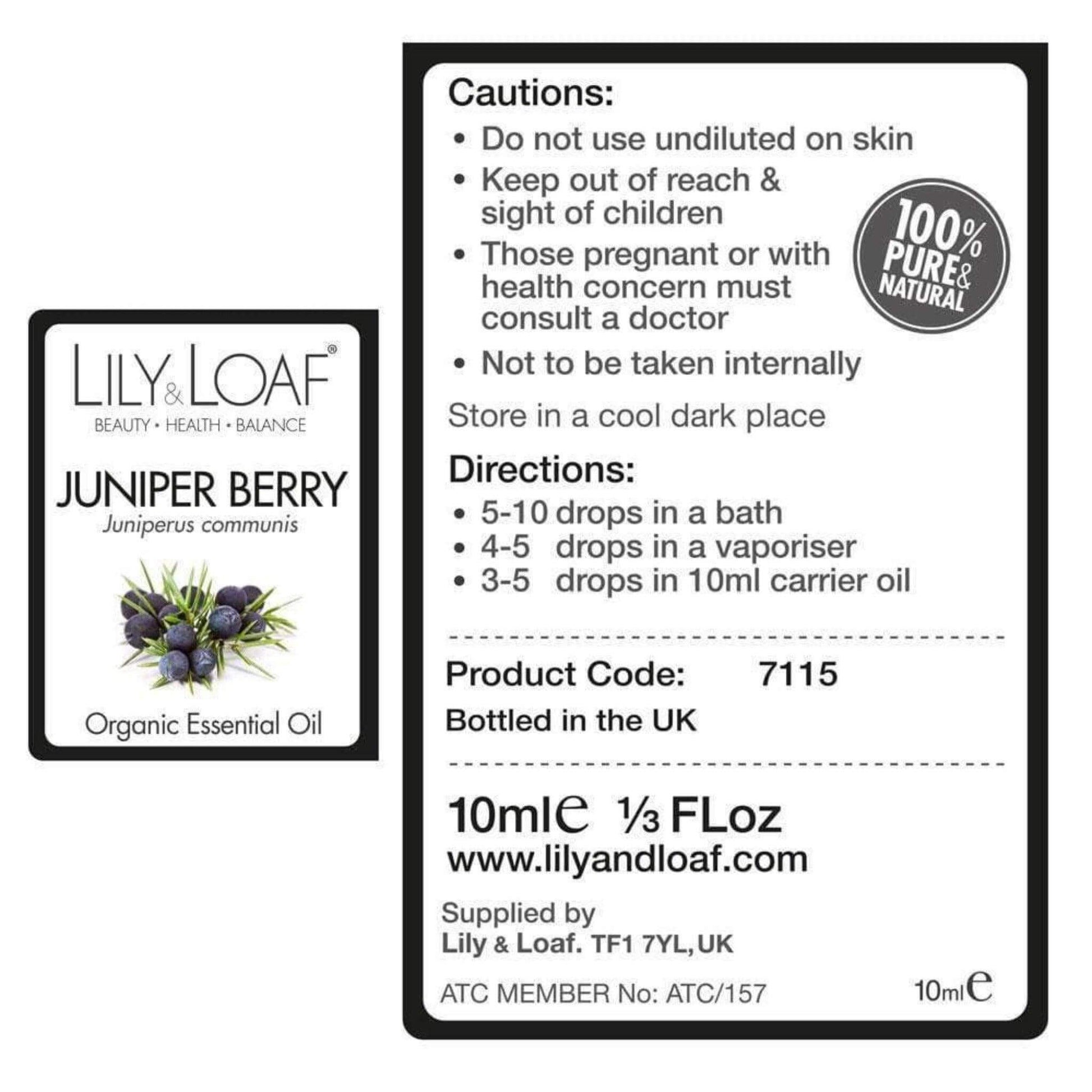 Juniper Berry 10ml Organic Essential Oil label information