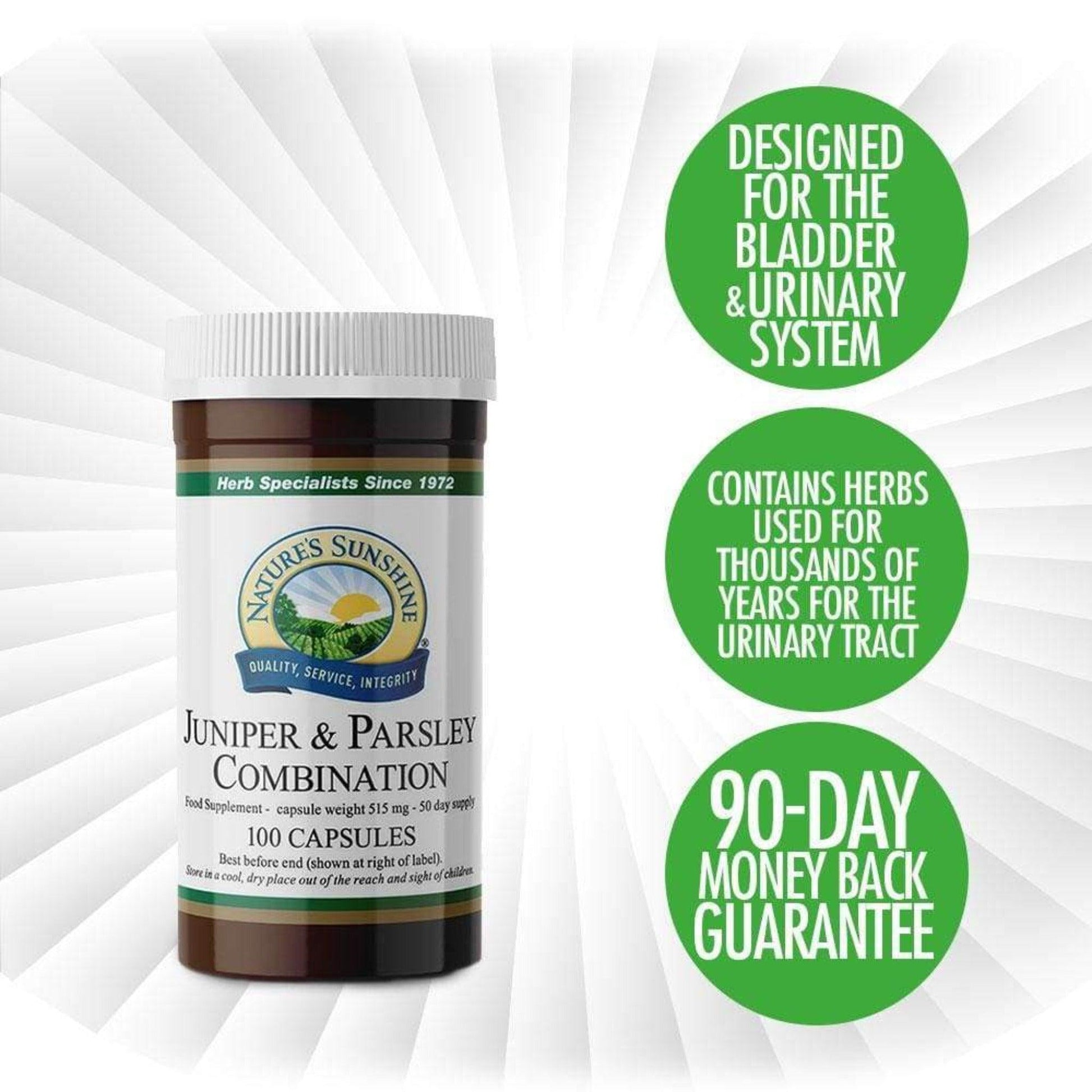 Nature’s Sunshine Juniper and Parsley Combination has been designed to support the bladder and urinary systems