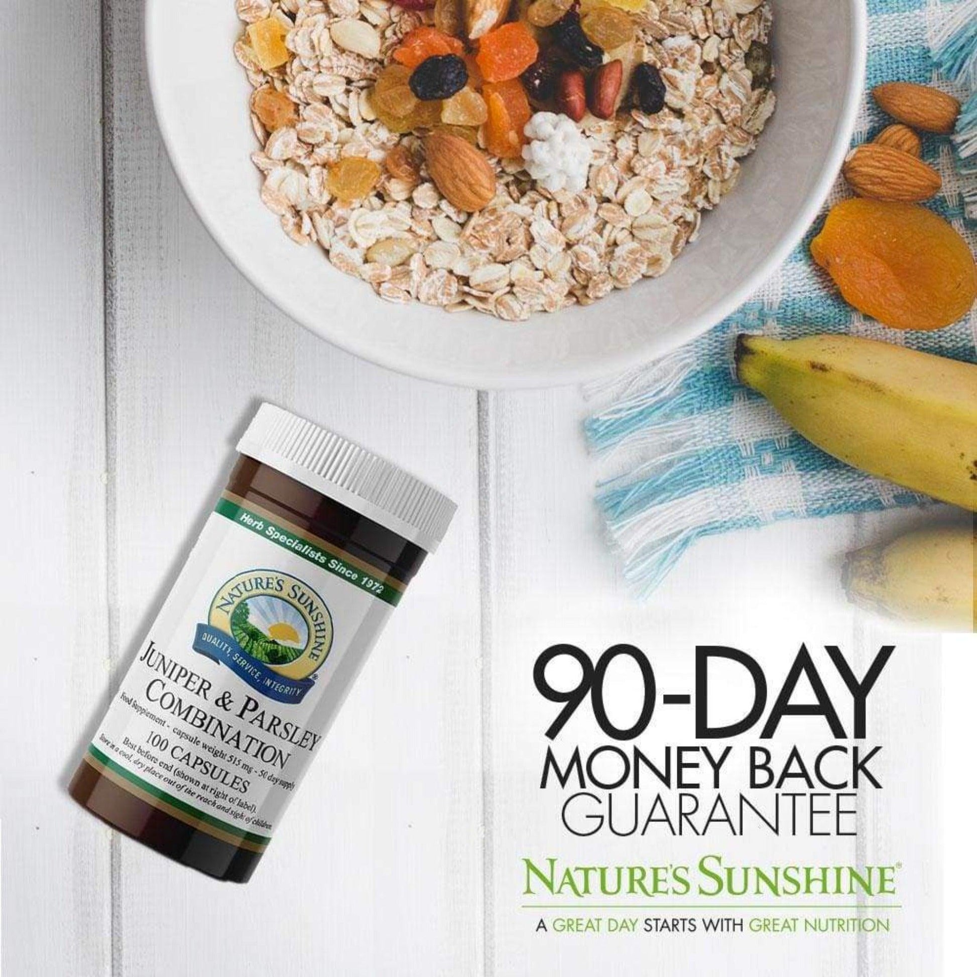 Nature’s Sunshine Juniper and Parsley Combination comes with a 90-day money back guarantee