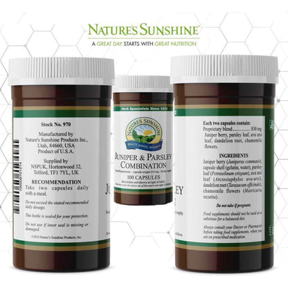Nature’s Sunshine Juniper and Parsley Combination label highlighting ingredients, directions for use and nutritional profile