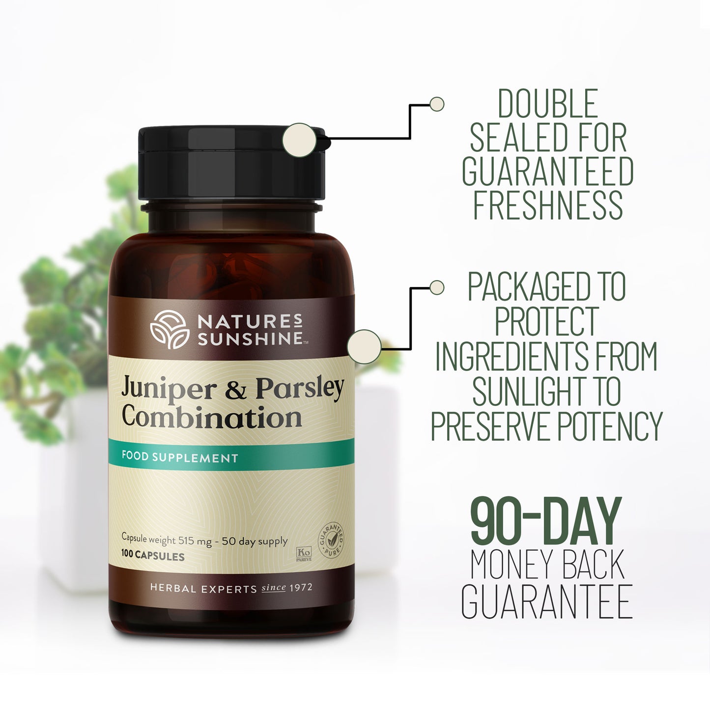 Nature's Sunshine Juniper & Parsley Combination supplement bottle highlighting double-sealed packaging, light protection for potency, and 90-day money-back guarantee.