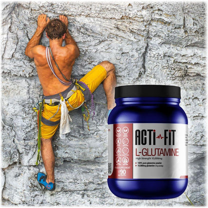 A man rock climbing with a tub of Acti-Fit L-Glutamine 10,000mg in the foreground
