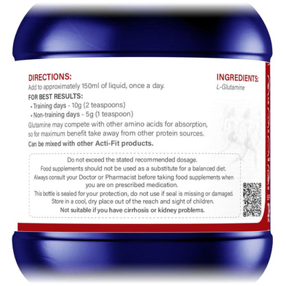 Acti-Fit High Strength L-Glutamine Powder label showing directions for use and ingredients