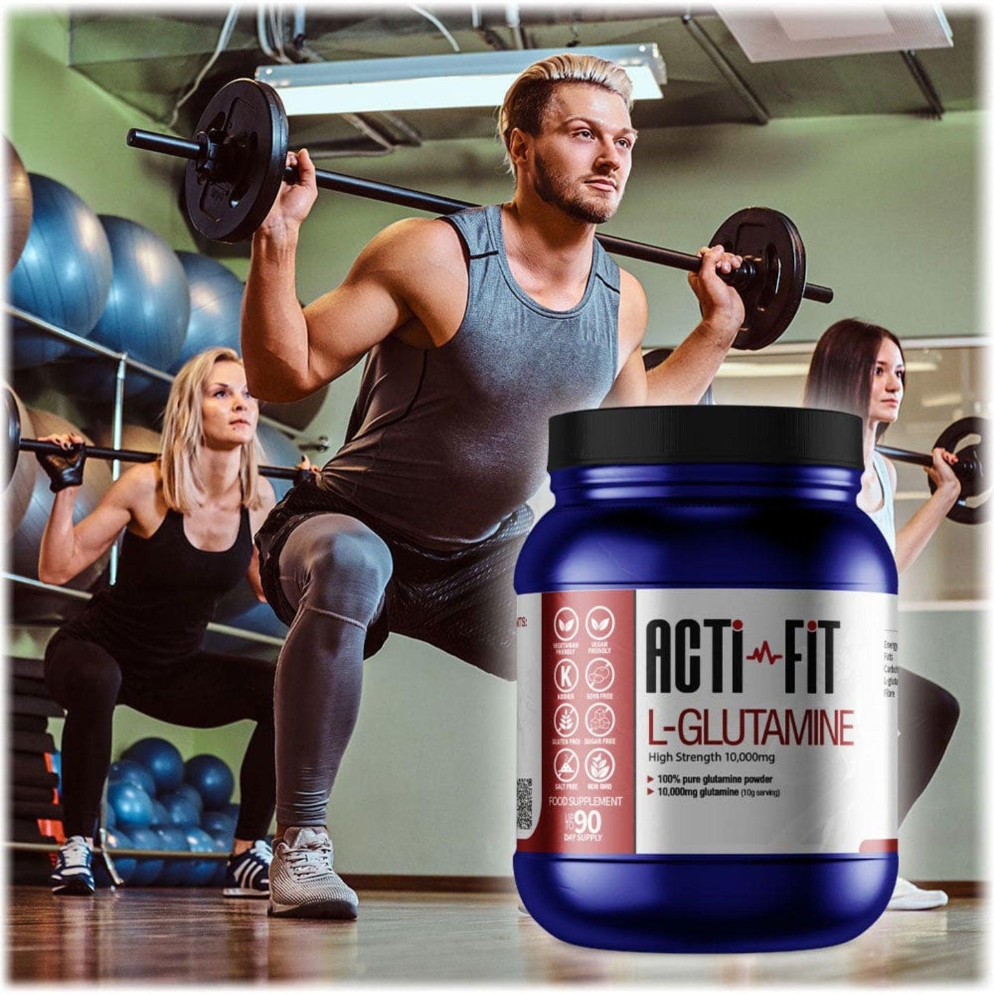 A gym class with people holding weights on their shoulders with a tub of Acti-Fit L-Glutamine 10,000mg in the foreground