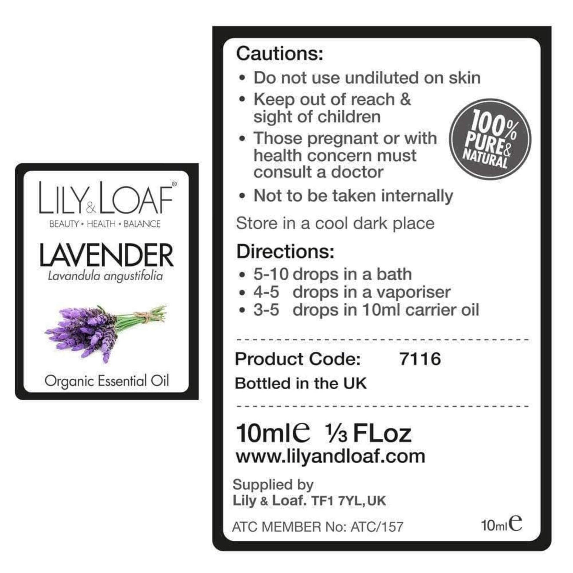 Lavender 10ml Organic Essential Oil label information