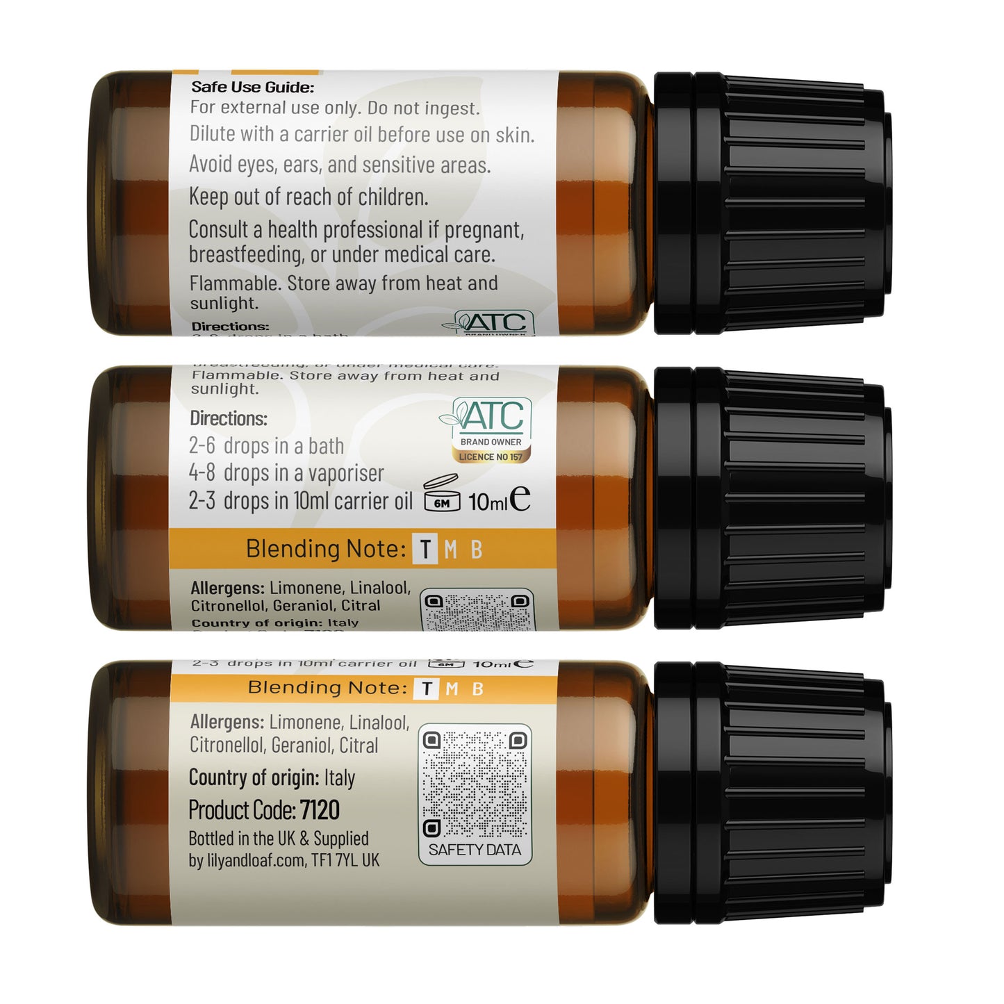 Lily & Loaf Mandarin essential oil back label showing directions, blending note, allergens, country of origin Italy and safety information.